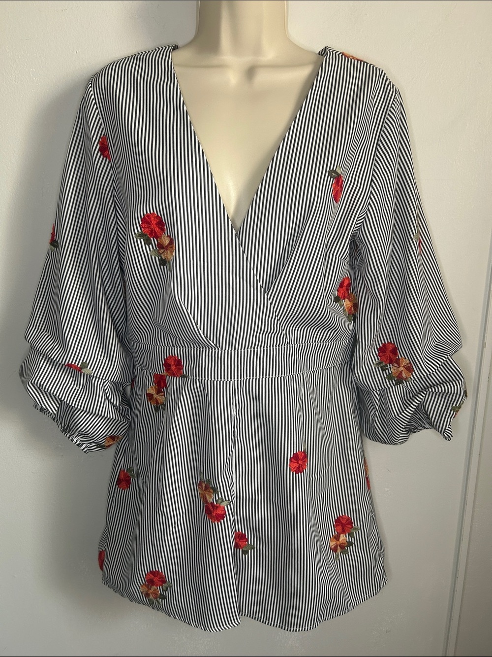 Sugar + Lips Blue & White Striped V-Neck Shorts Romper Red Floral Embroidery